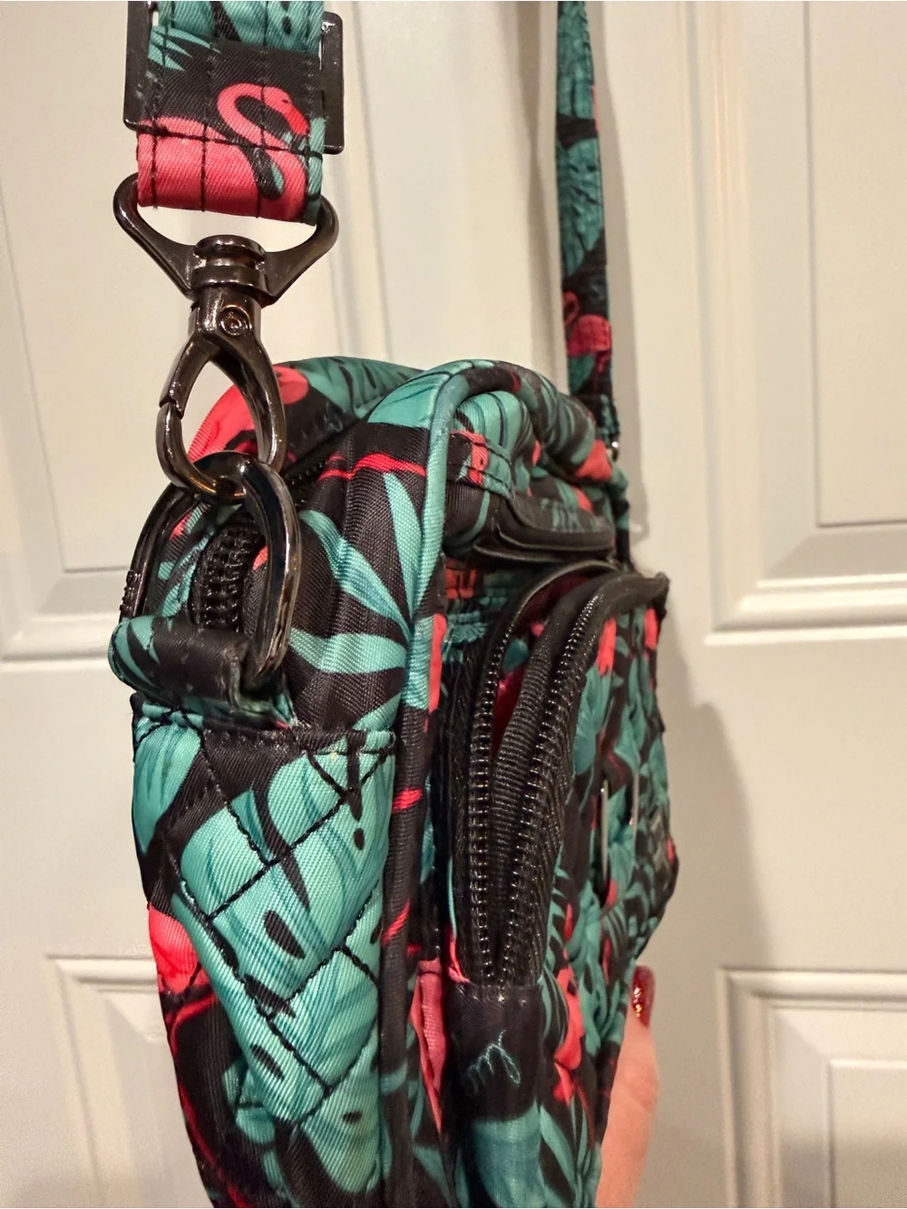 LUG Quilted Flamingo Print Crossbody Bag - Black/Teal/Pink